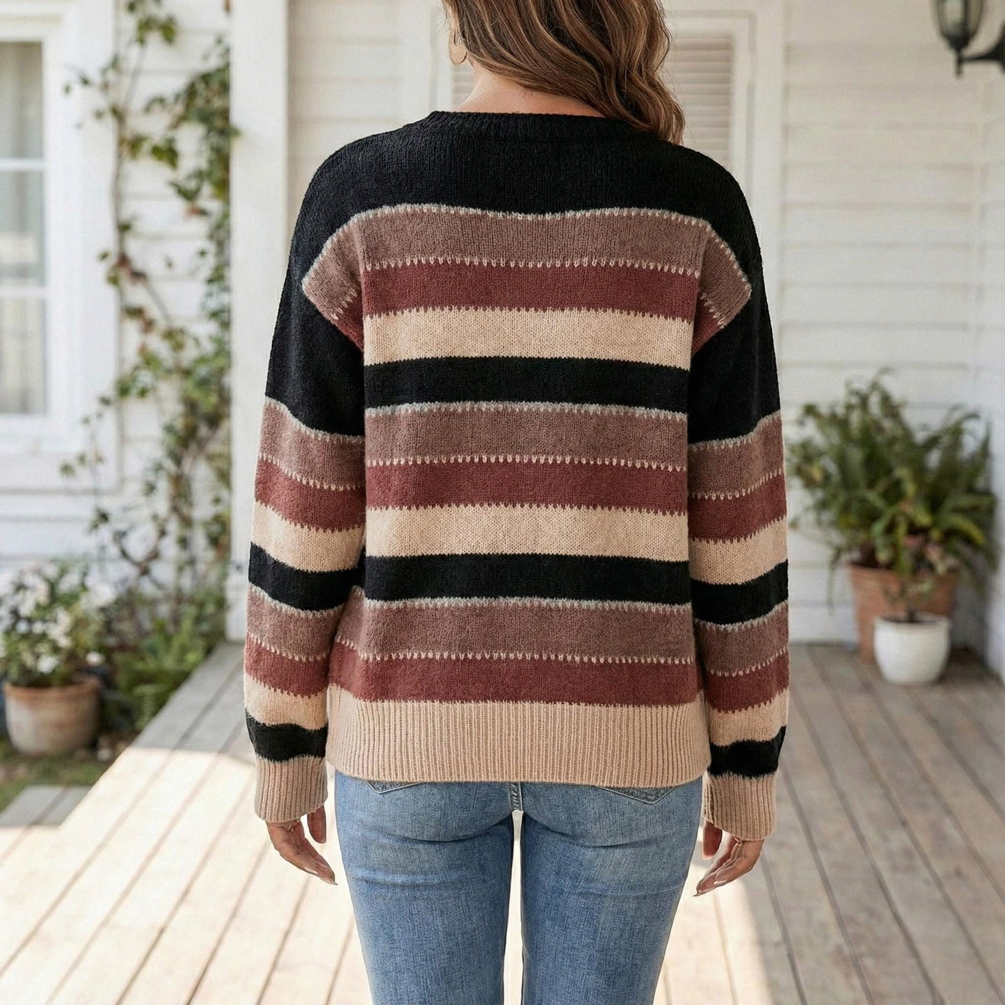 Striped Knit Sweater for Women, Cozy Casual Pullover, Long Sleeve Soft Knit Top, Fall Winter Everyday Sweater