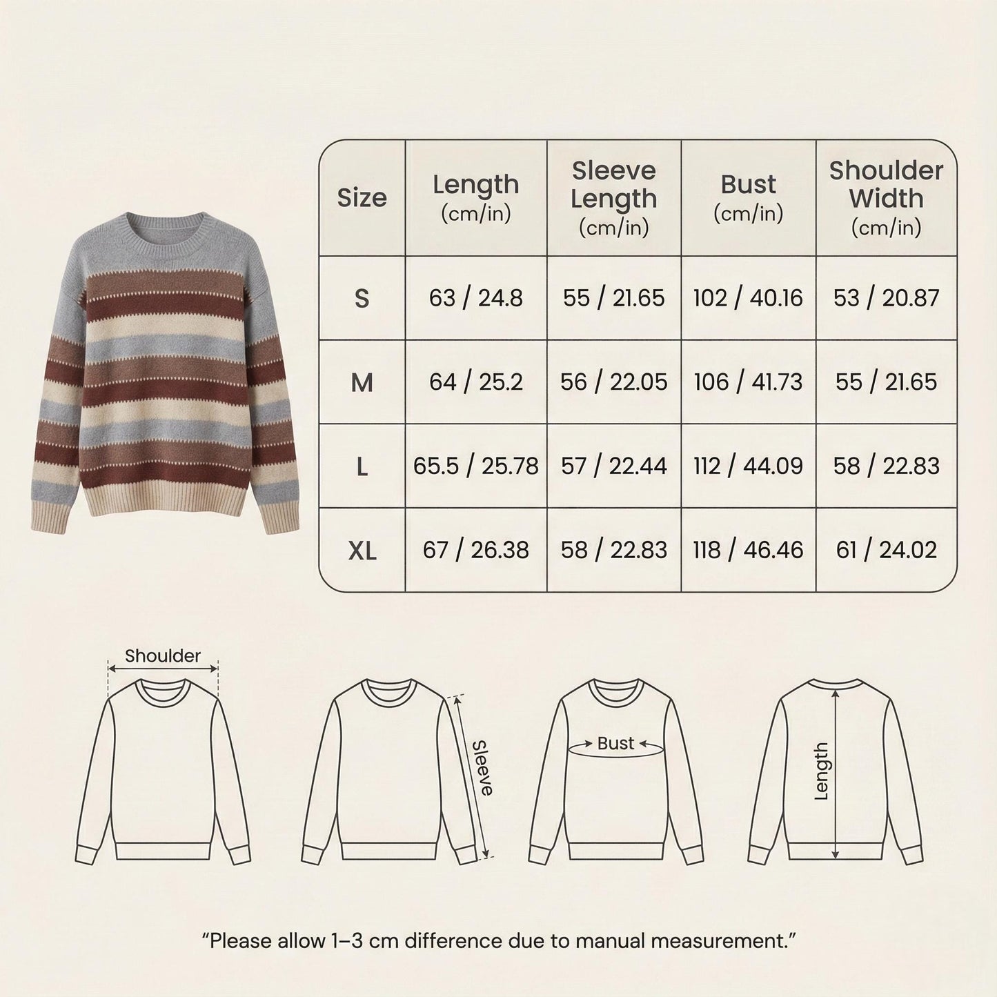 Striped Knit Sweater for Women, Cozy Casual Pullover, Long Sleeve Soft Knit Top, Fall Winter Everyday Sweater