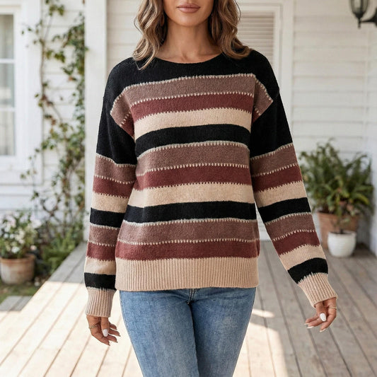 Striped Knit Sweater for Women, Cozy Casual Pullover, Long Sleeve Soft Knit Top, Fall Winter Everyday Sweater