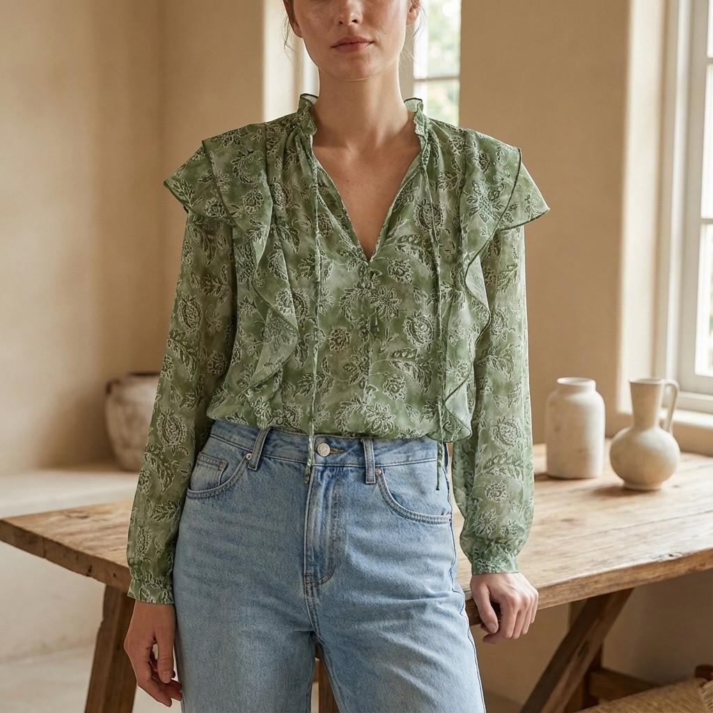 Green Floral Ruffle Blouse, Lightweight V Neck Boho Shirt