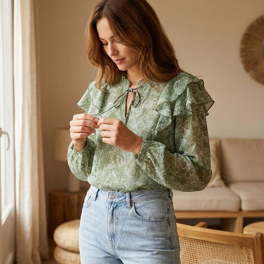 Green Floral Ruffle Blouse, Lightweight V Neck Boho Shirt