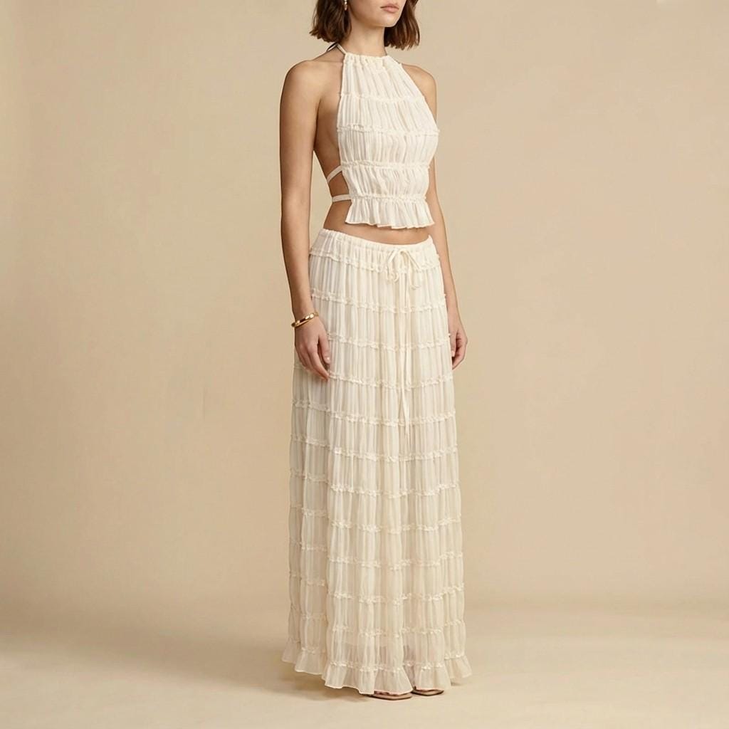 Women’s Halter Crop Top and Maxi Skirt Set – Summer Two Piece Outfit, Flowy Textured Co-Ord Set, Beach & Vacation Wear