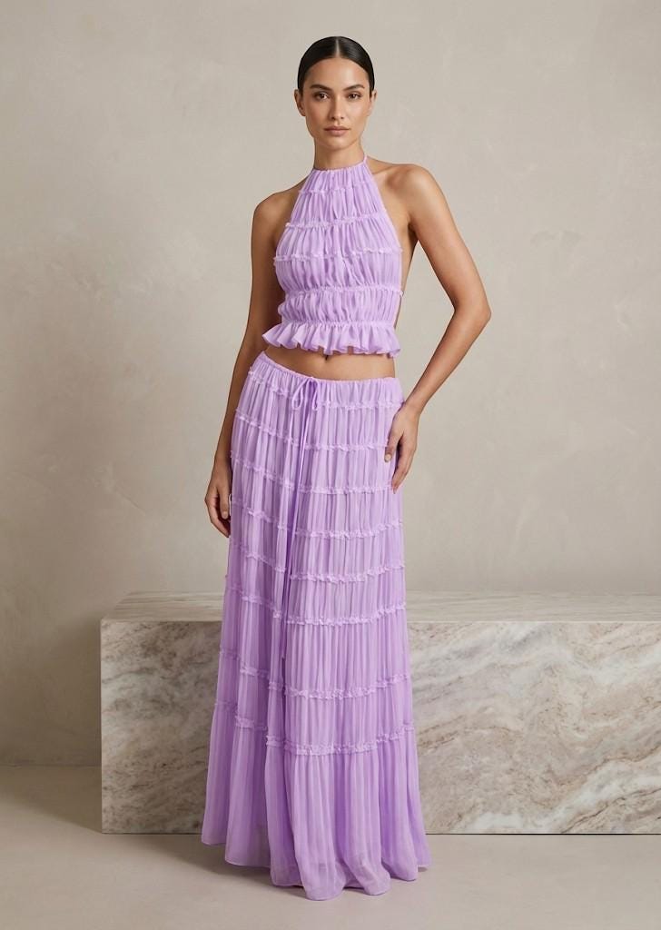 Women’s Halter Crop Top and Maxi Skirt Set – Summer Two Piece Outfit, Flowy Textured Co-Ord Set, Beach & Vacation Wear
