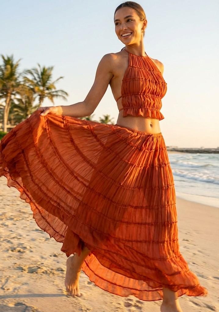 Women’s Halter Crop Top and Maxi Skirt Set – Summer Two Piece Outfit, Flowy Textured Co-Ord Set, Beach & Vacation Wear