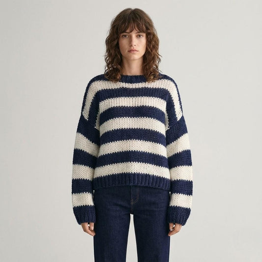 Striped Oversized Knit Sweater for Women, Cozy Hand Knit Style Jumper, Soft Winter Pullover in Pink Grey Blue Green
