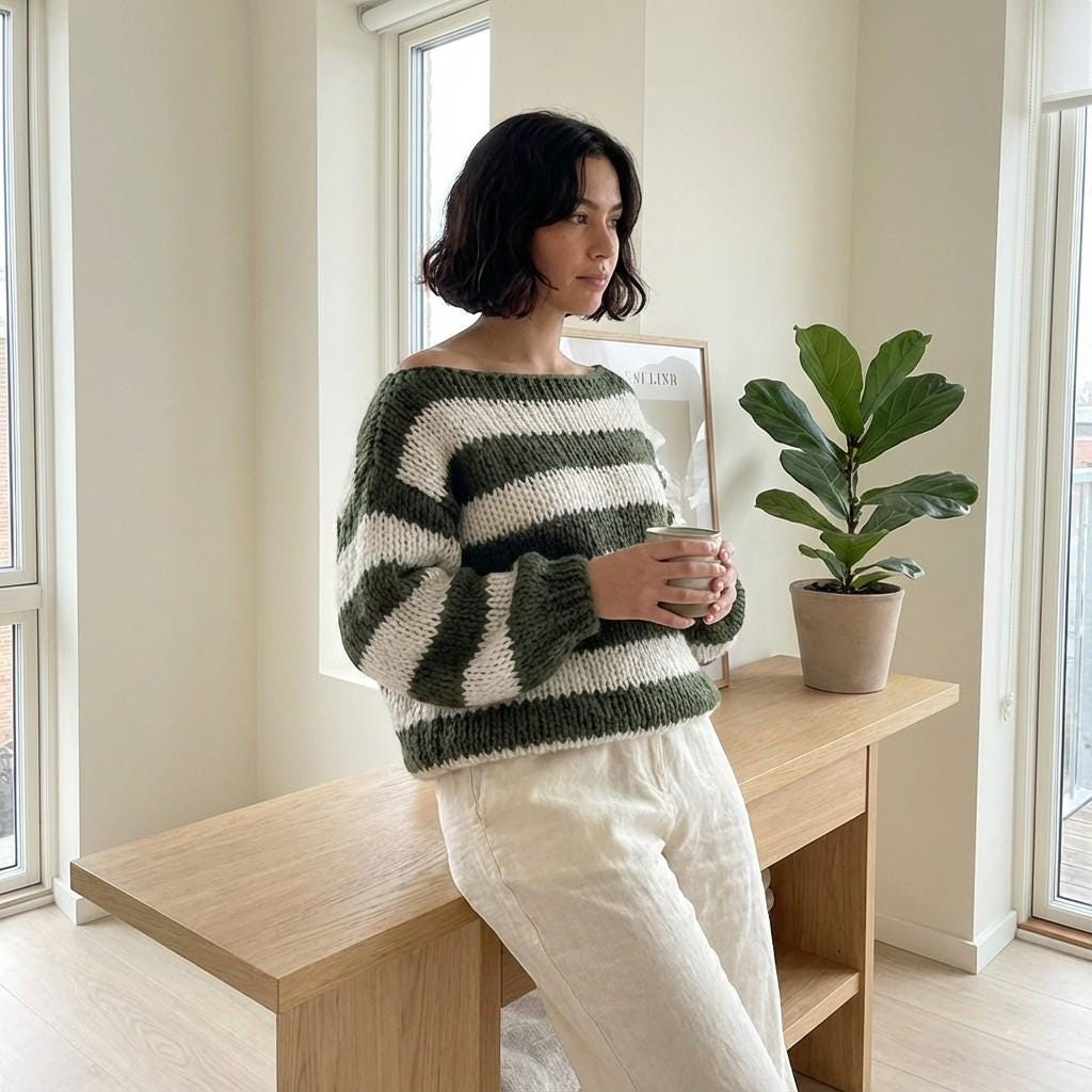 Striped Oversized Knit Sweater for Women, Cozy Hand Knit Style Jumper, Soft Winter Pullover in Pink Grey Blue Green