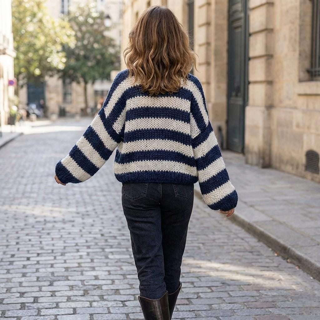 Striped Oversized Knit Sweater for Women, Cozy Hand Knit Style Jumper, Soft Winter Pullover in Pink Grey Blue Green