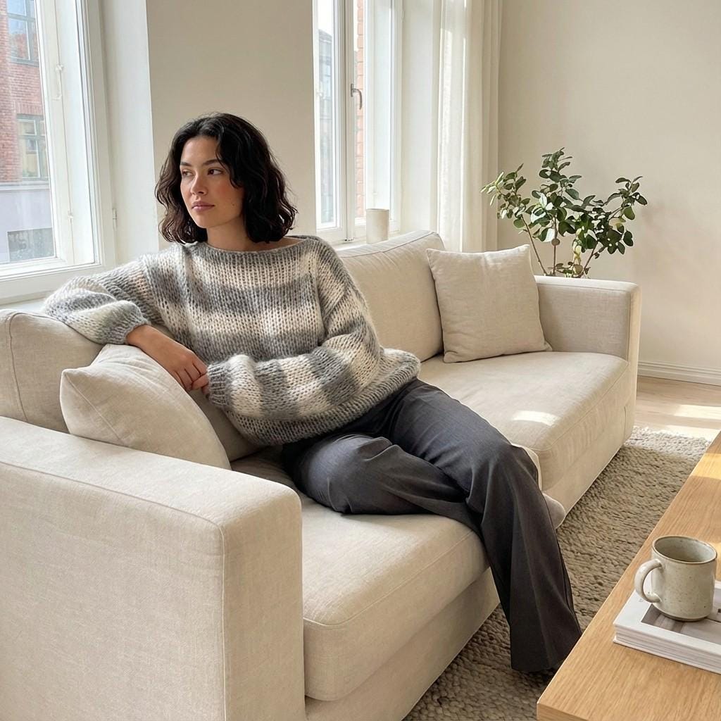 Striped Oversized Knit Sweater for Women, Cozy Hand Knit Style Jumper, Soft Winter Pullover in Pink Grey Blue Green