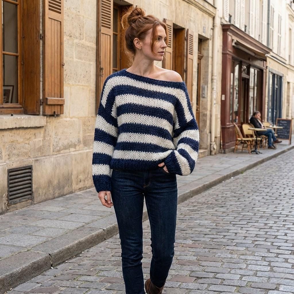 Striped Oversized Knit Sweater for Women, Cozy Hand Knit Style Jumper, Soft Winter Pullover in Pink Grey Blue Green