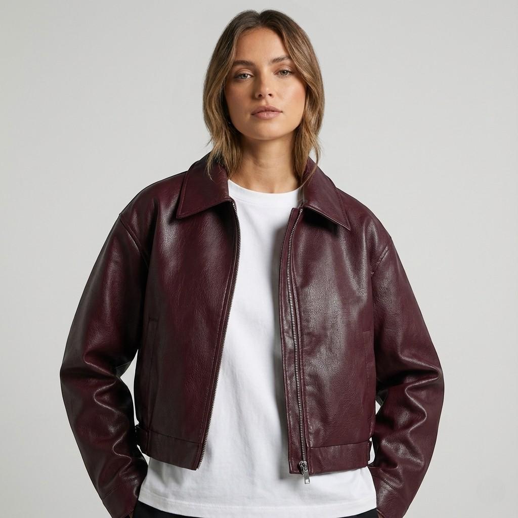 Oversized Faux Leather Jacket for Women, Cropped Zip-Up Jacket, Minimal Chic Outerwear, Modern Street Style Coat