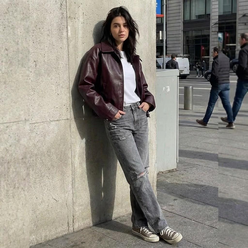Oversized Faux Leather Jacket for Women, Cropped Zip-Up Jacket, Minimal Chic Outerwear, Modern Street Style Coat