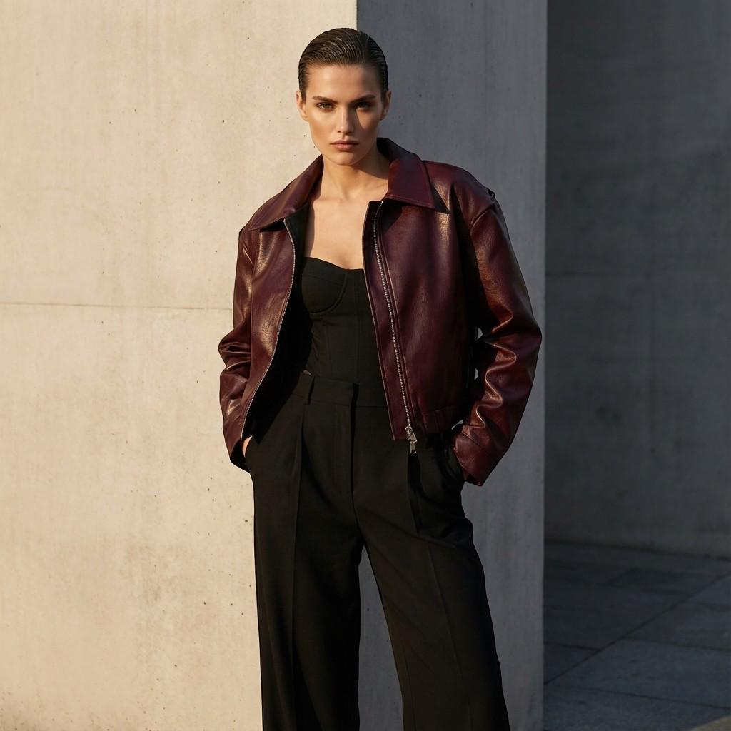 Oversized Faux Leather Jacket for Women, Cropped Zip-Up Jacket, Minimal Chic Outerwear, Modern Street Style Coat