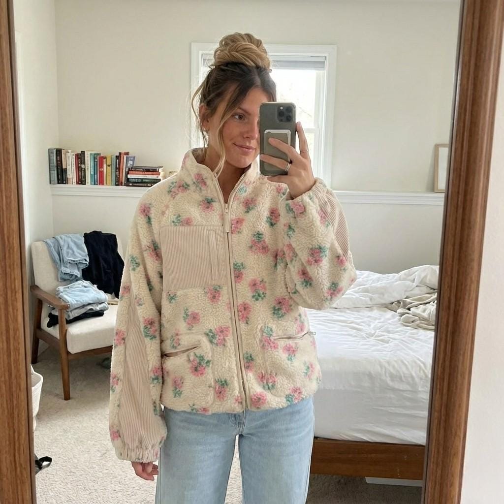 Floral Fleece Teddy Jacket, Zip-Up Sherpa Coat, Oversized Winter Outerwear