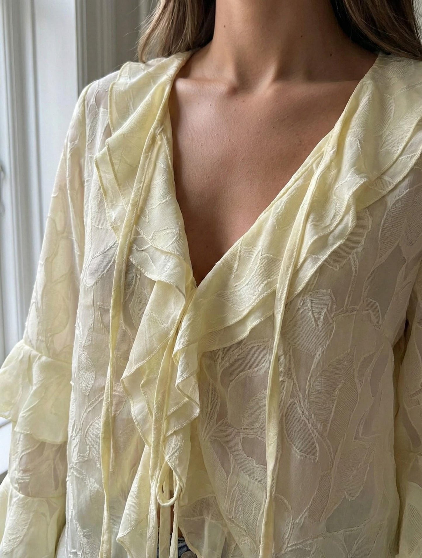 Sheer Ruffle Sleeve Blouse with Front Tie | Lightweight Romantic Top for Everyday Wear