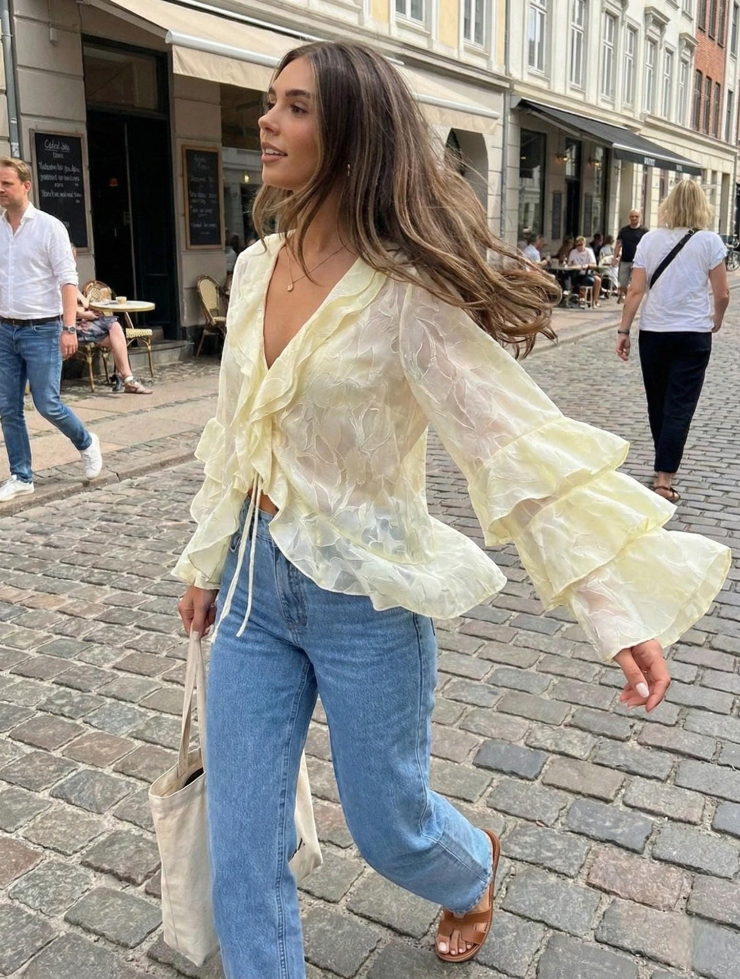 Sheer Ruffle Sleeve Blouse with Front Tie | Lightweight Romantic Top for Everyday Wear