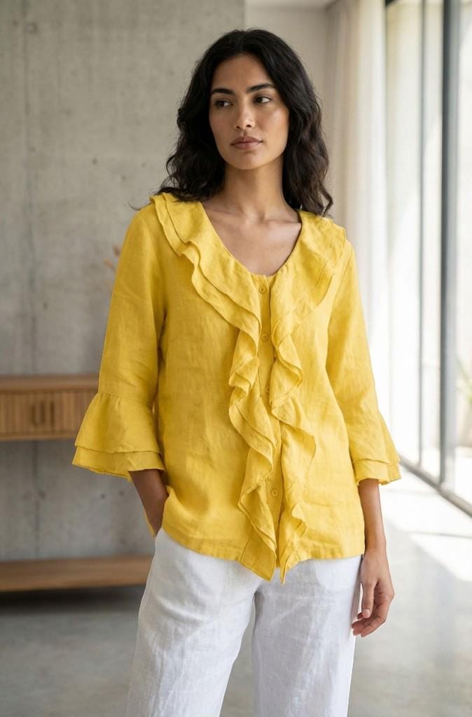 Linen Look Ruffle Blouse – Relaxed Fit Boho Top