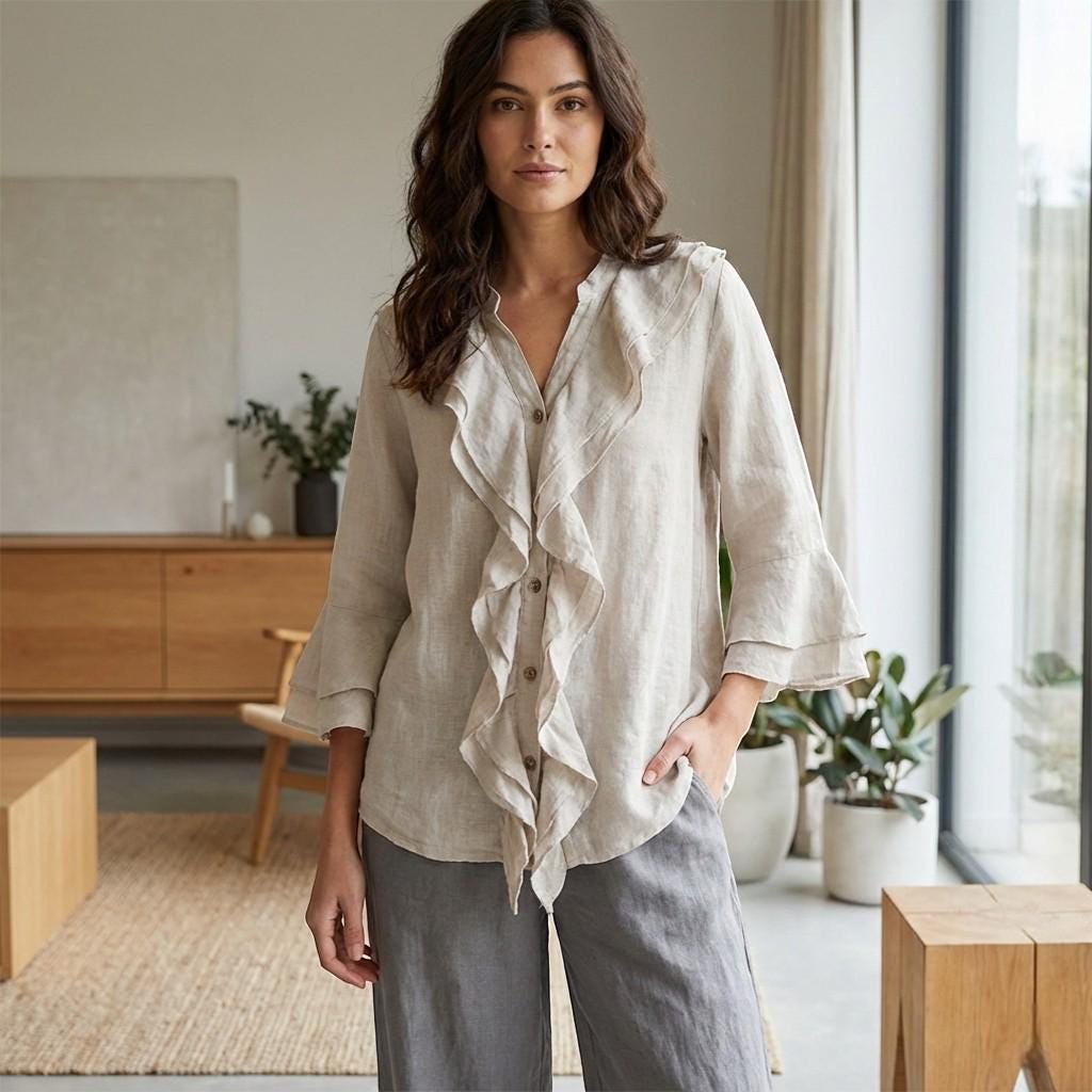 Linen Look Ruffle Blouse – Relaxed Fit Boho Top