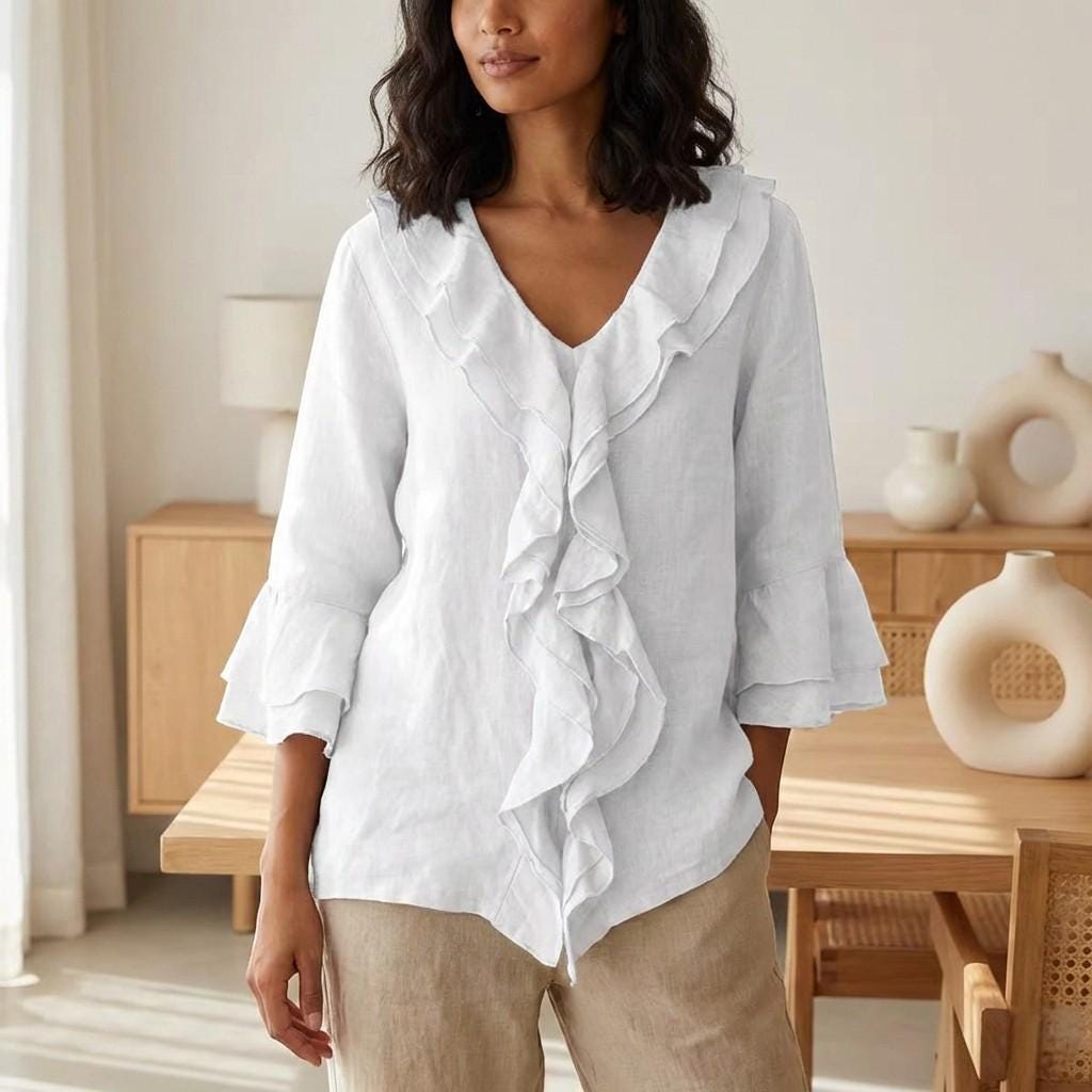 Linen Look Ruffle Blouse – Relaxed Fit Boho Top