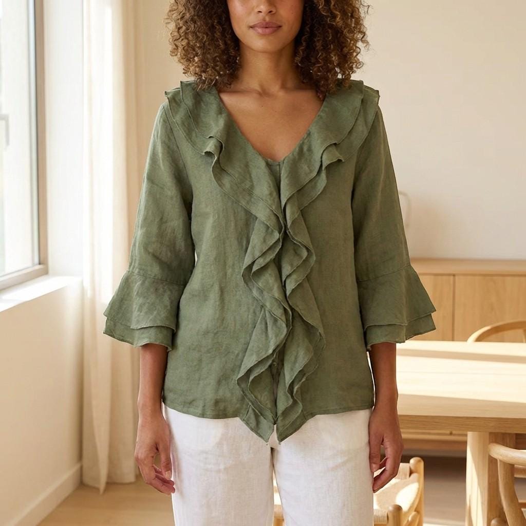 Linen Look Ruffle Blouse – Relaxed Fit Boho Top