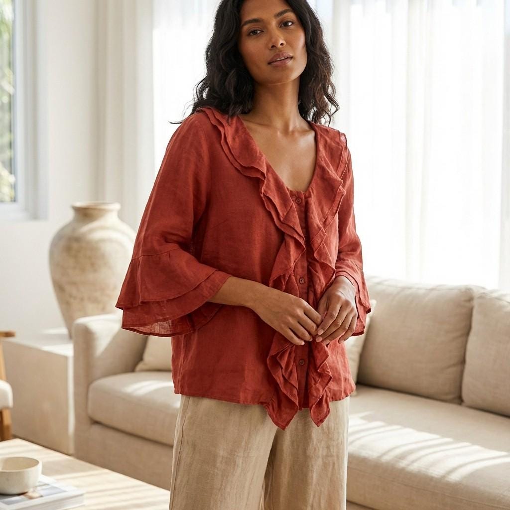 Linen Look Ruffle Blouse – Relaxed Fit Boho Top