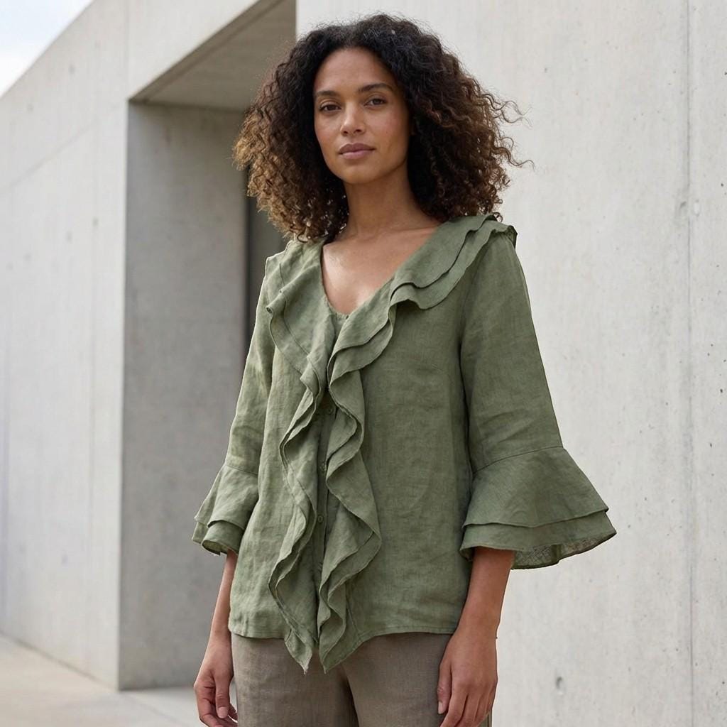 Linen Look Ruffle Blouse – Relaxed Fit Boho Top