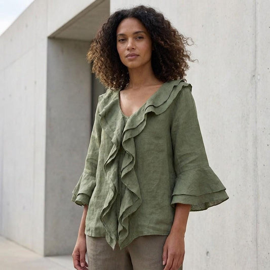 Linen Look Ruffle Blouse – Relaxed Fit Boho Top