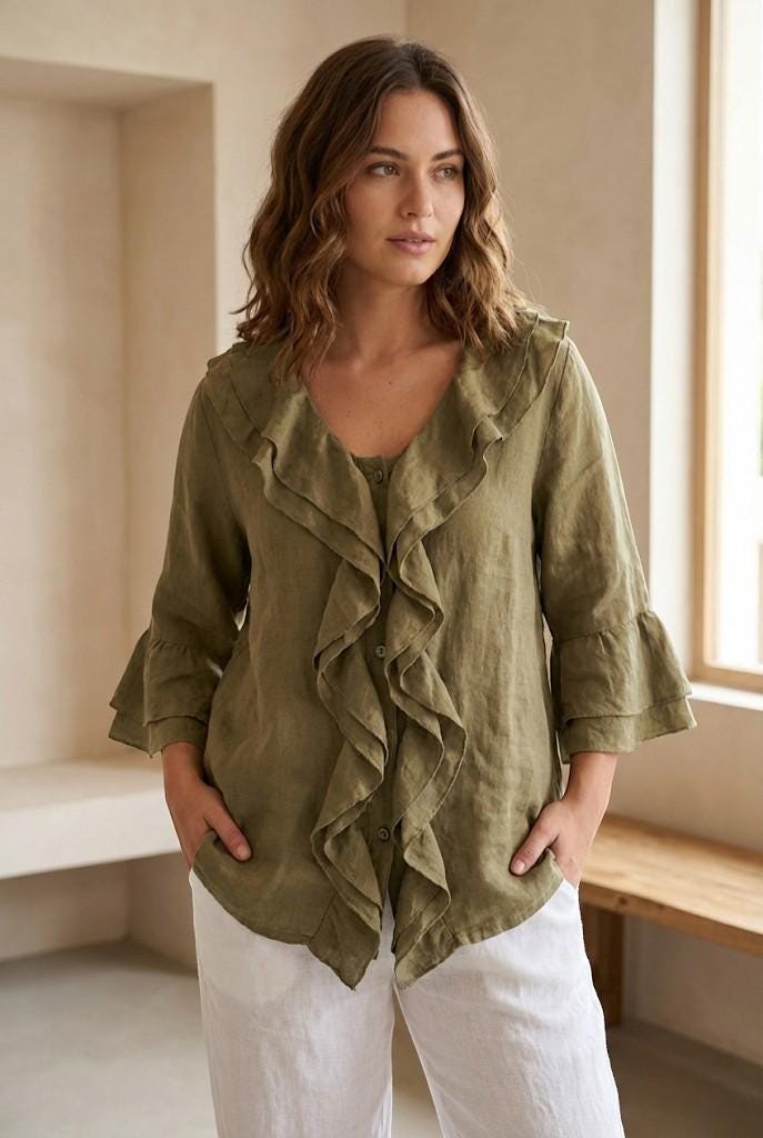 Linen Look Ruffle Blouse – Relaxed Fit Boho Top