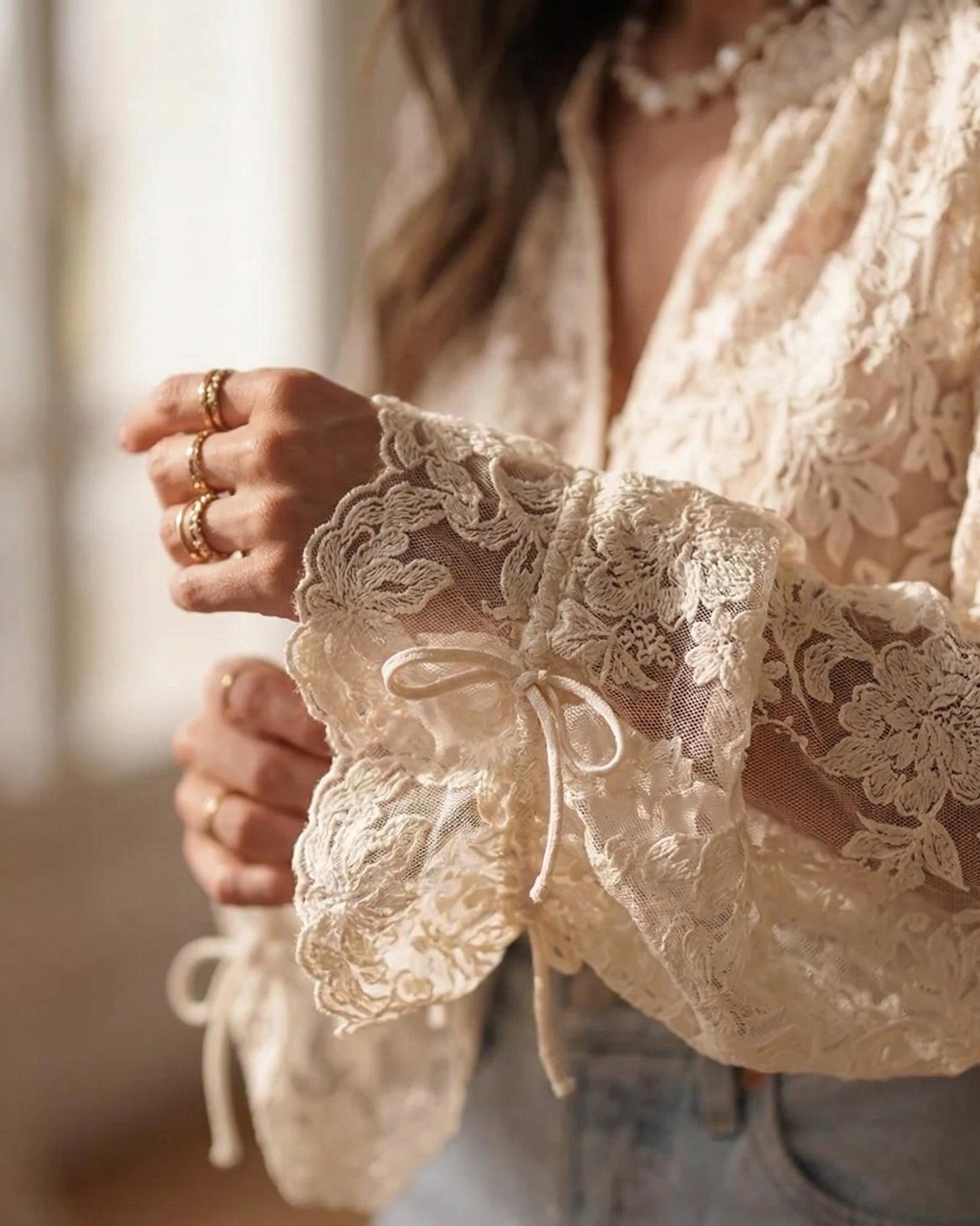 Vintage Floral Lace Blouse – Sheer Romantic Boho Top – Button Front Shirt