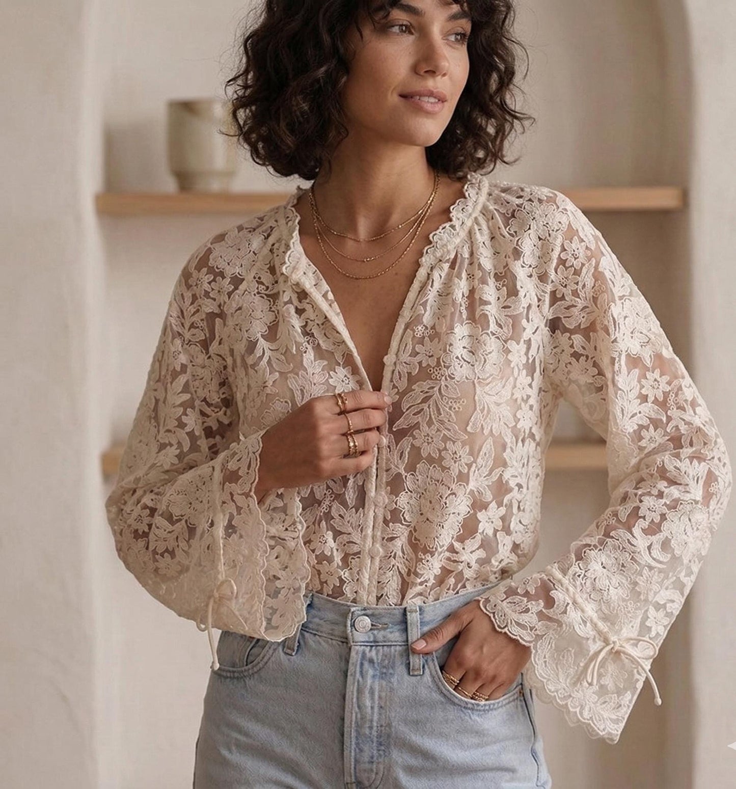 Vintage Floral Lace Blouse – Sheer Romantic Boho Top – Button Front Shirt