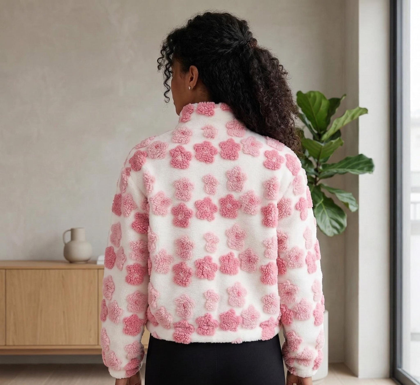 Women's Heart Pattern Fleece Jacket, Plush Sherpa Zip-Up Coat