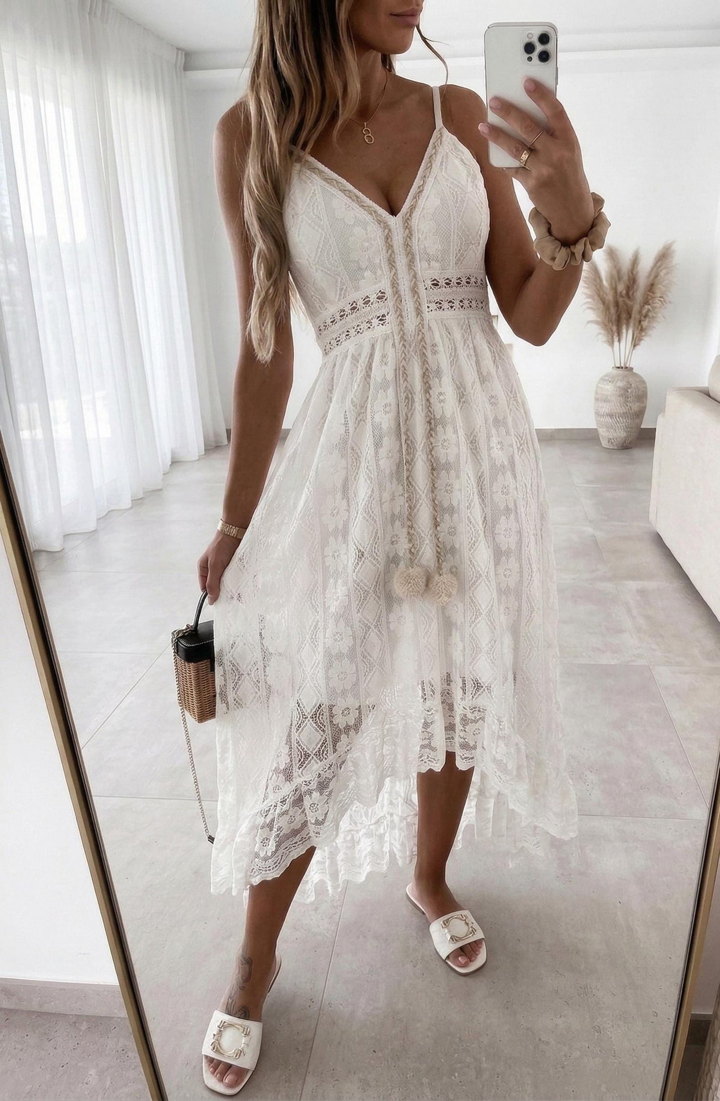 Boho Lace Maxi Dress, Romantic Summer Beach Sundress, Flowy Vacation Spaghetti Strap