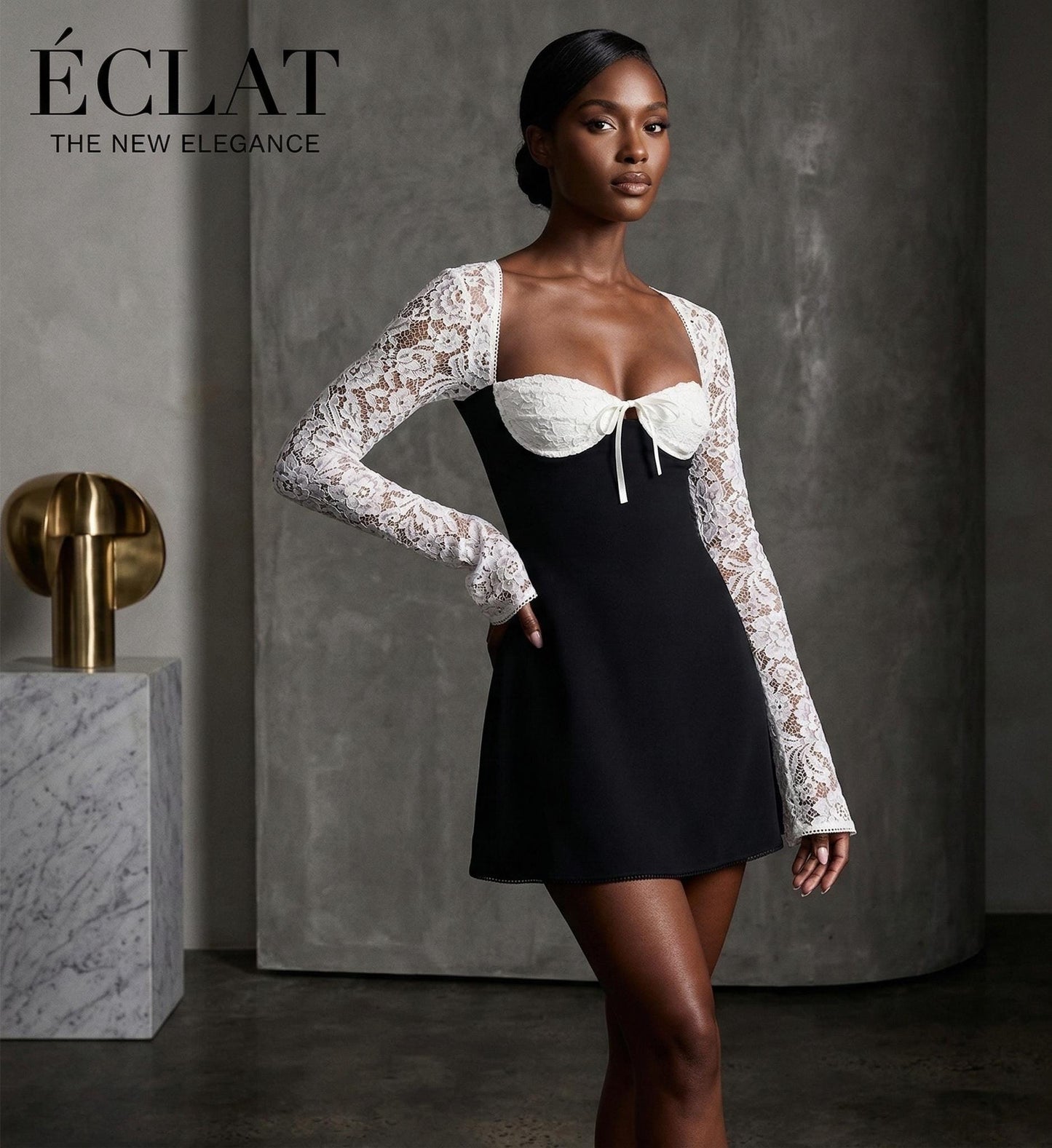 Romantic Lace Sleeve Mini Dress, Tie Front Party Dress, Feminine Evening Wear
