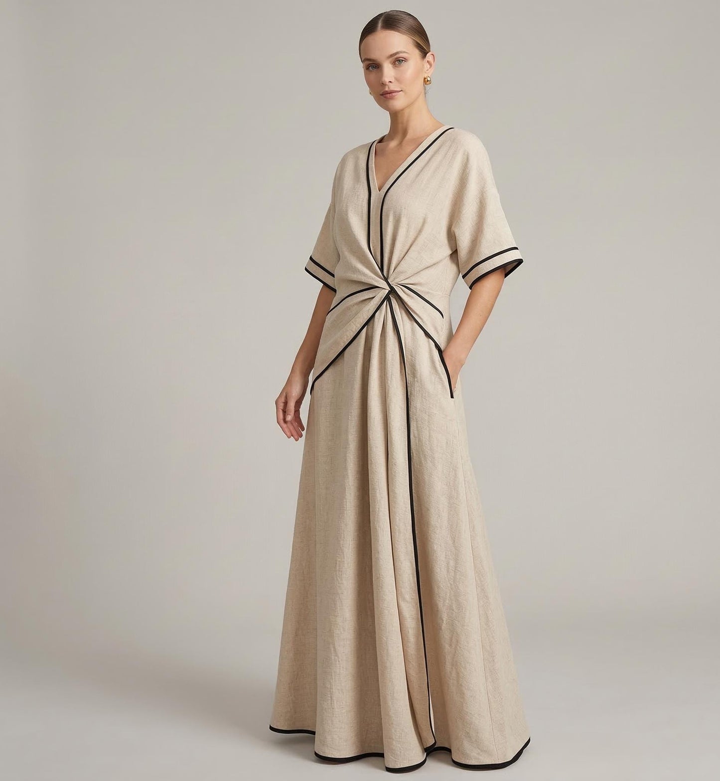 Santorini Style Maxi Dress, Elegant Twist Waist, Short Sleeve Resort Wear