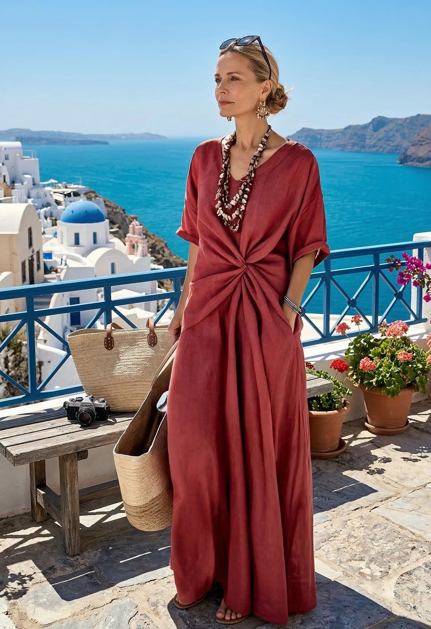 Santorini Style Maxi Dress, Elegant Twist Waist, Short Sleeve Resort Wear