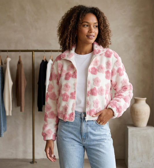Women's Heart Pattern Fleece Jacket, Plush Sherpa Zip-Up Coat