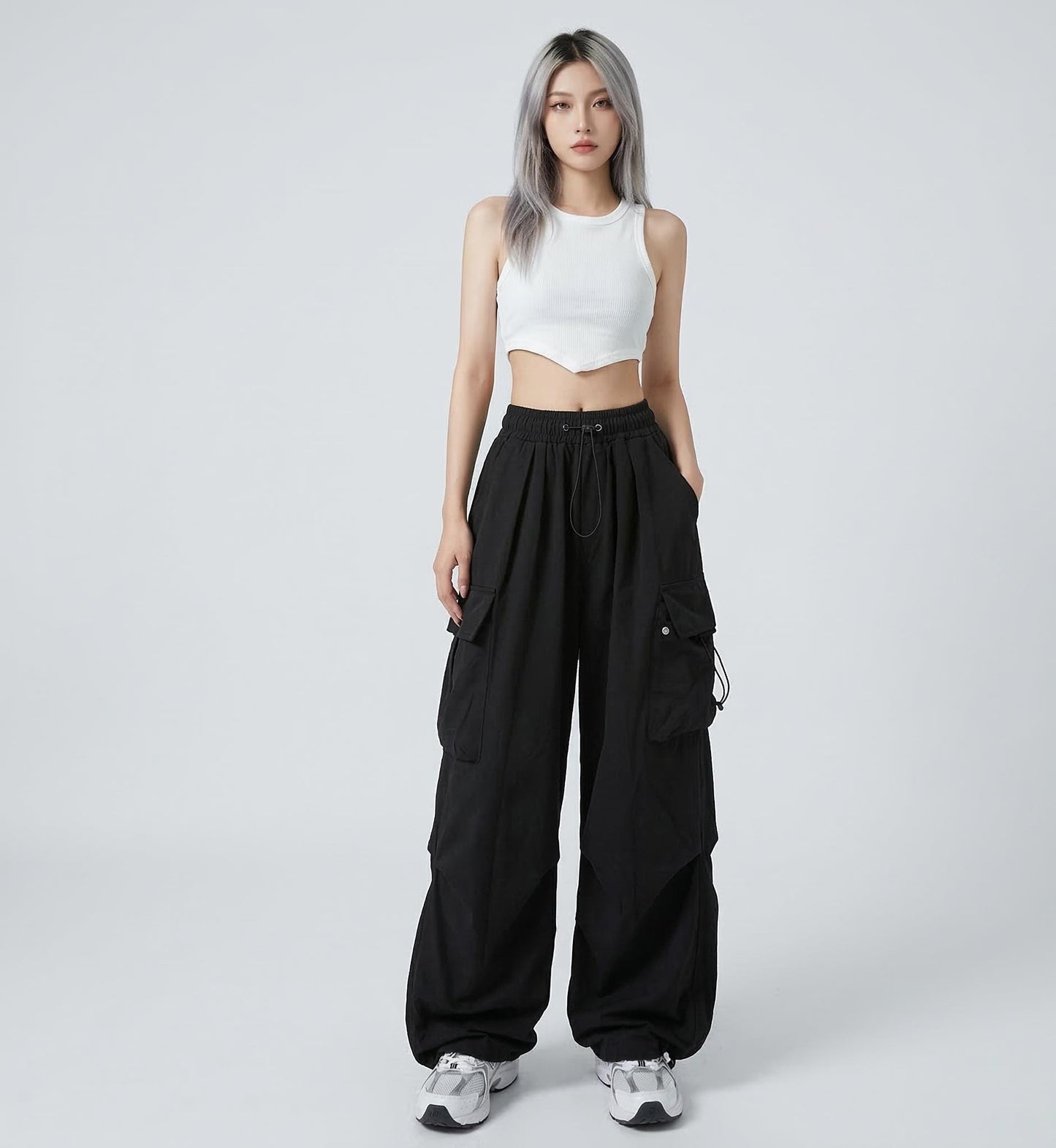 Y2K Cargo Pants Women, Baggy Wide Leg Trousers, Streetwear Style Polyester