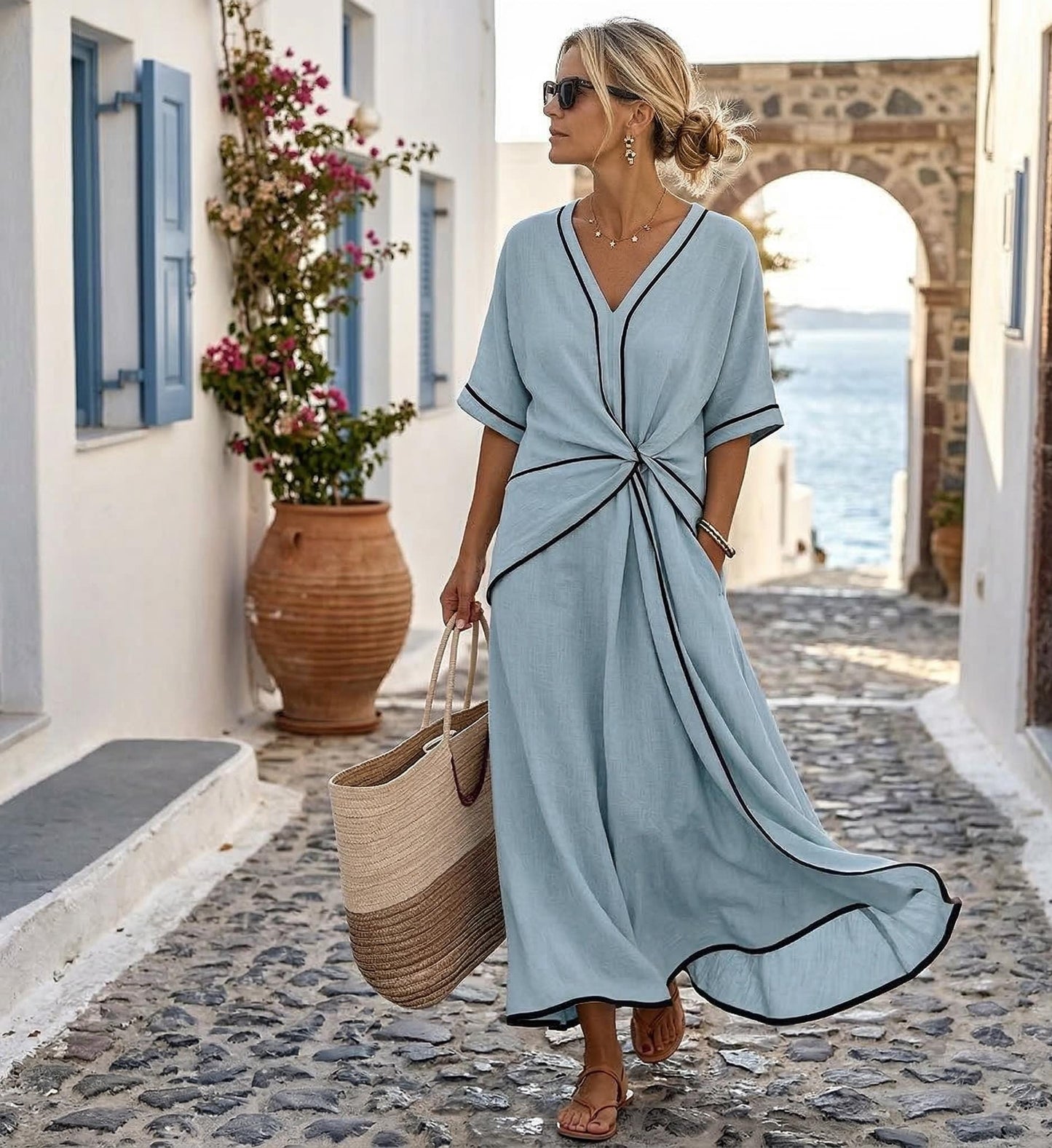 Santorini Style Maxi Dress, Elegant Twist Waist, Short Sleeve Resort Wear