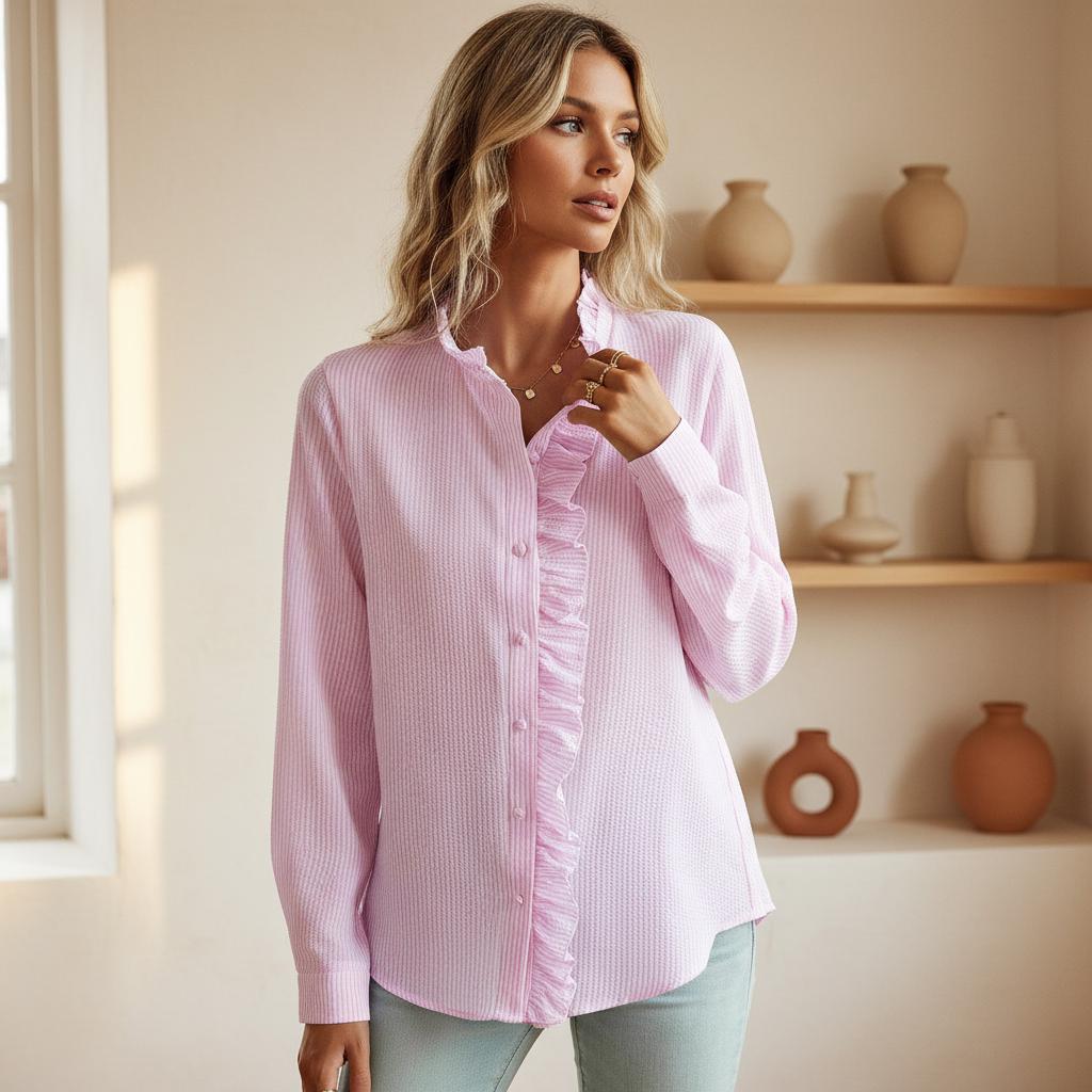 Elegant Striped Ruffle Long Sleeve Blouse for Women - Office & Casual Button Up Shirt