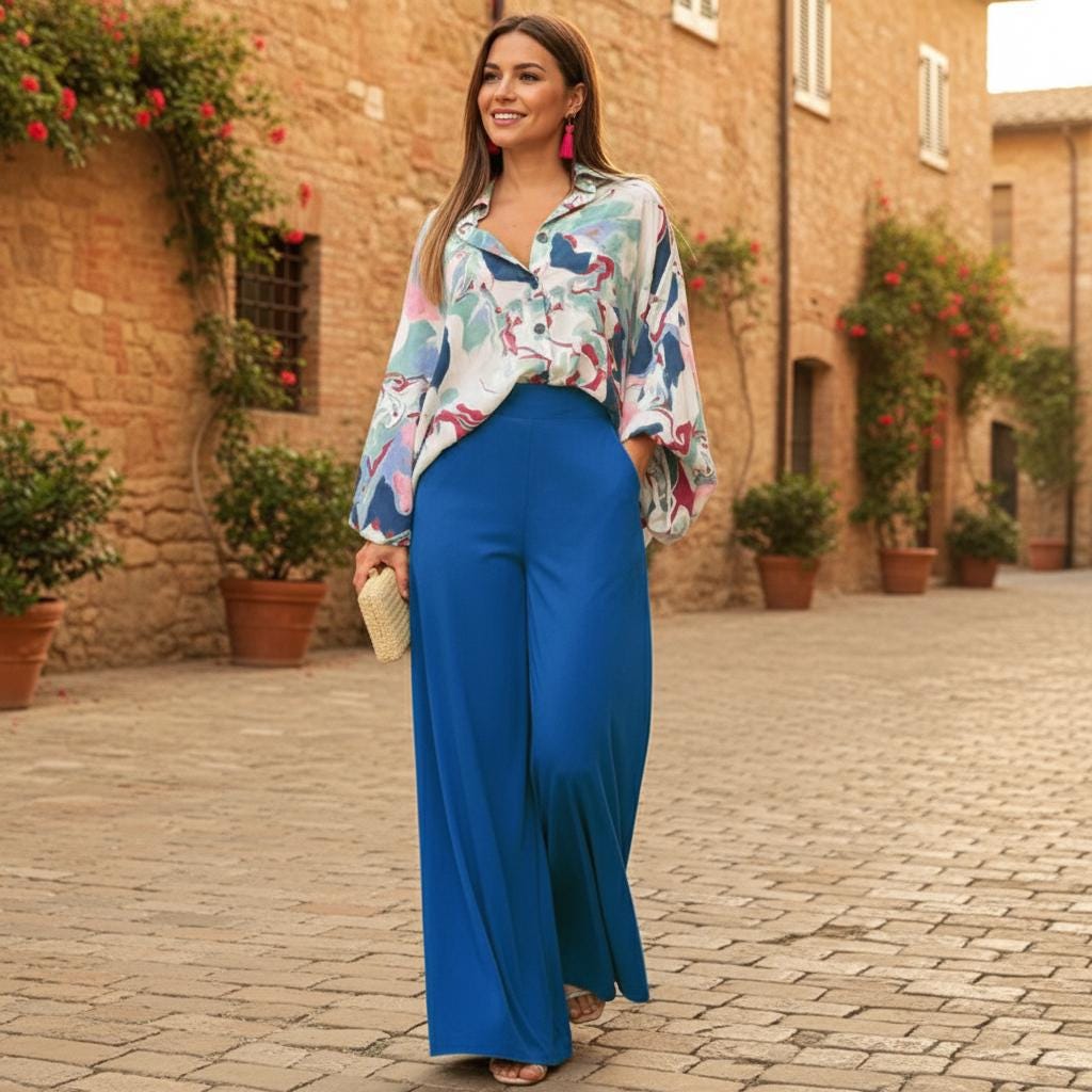 Fashionable Boho Floral Wide-Leg Pants Women Summer Palazzo Comfy Casual Trousers Elastic Waist