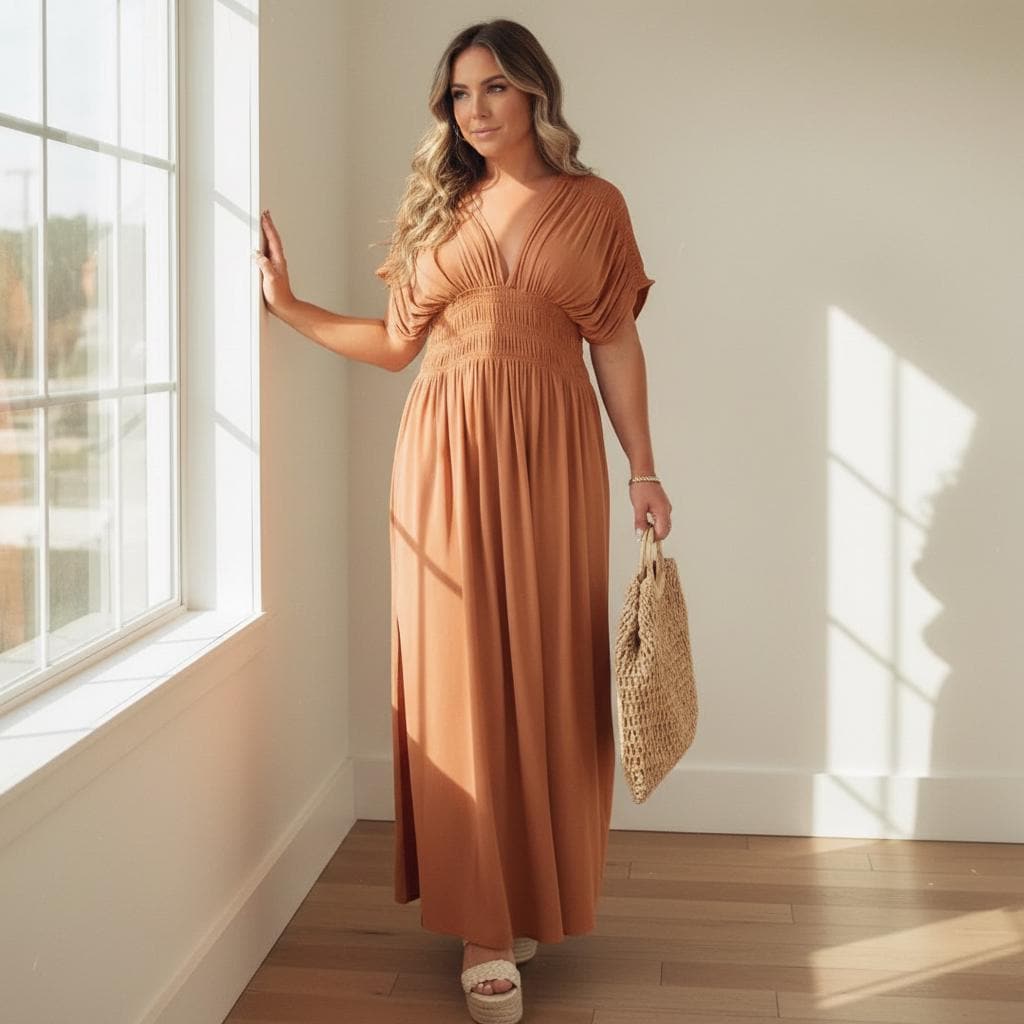 V-Neck Bat Sleeve Maxi Dress – Elastic Waist, Side Slit, Plus Size Summer Style