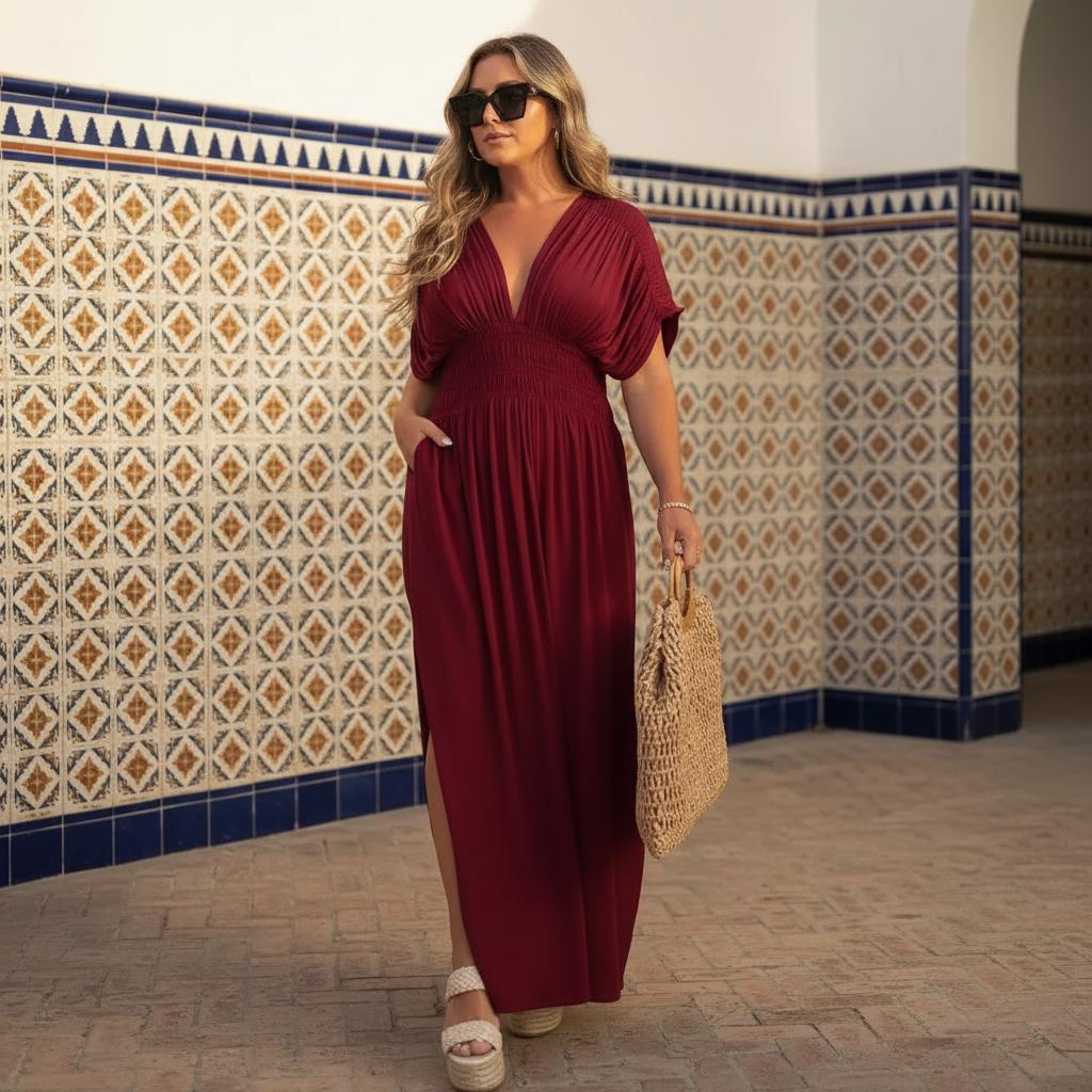 V-Neck Bat Sleeve Maxi Dress – Elastic Waist, Side Slit, Plus Size Summer Style