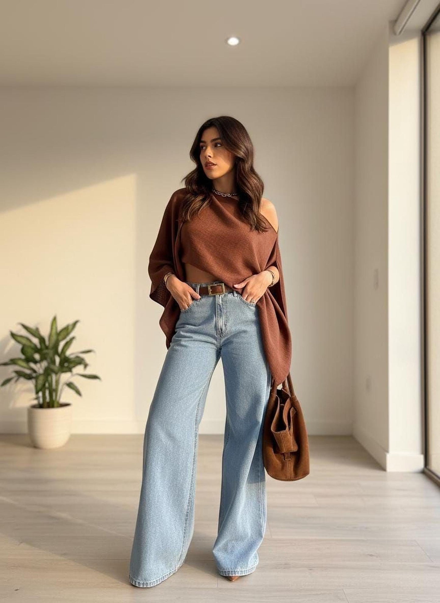 Brown Off Shoulder Crop Top: Loose Fit, Lightweight Summer Blouse
