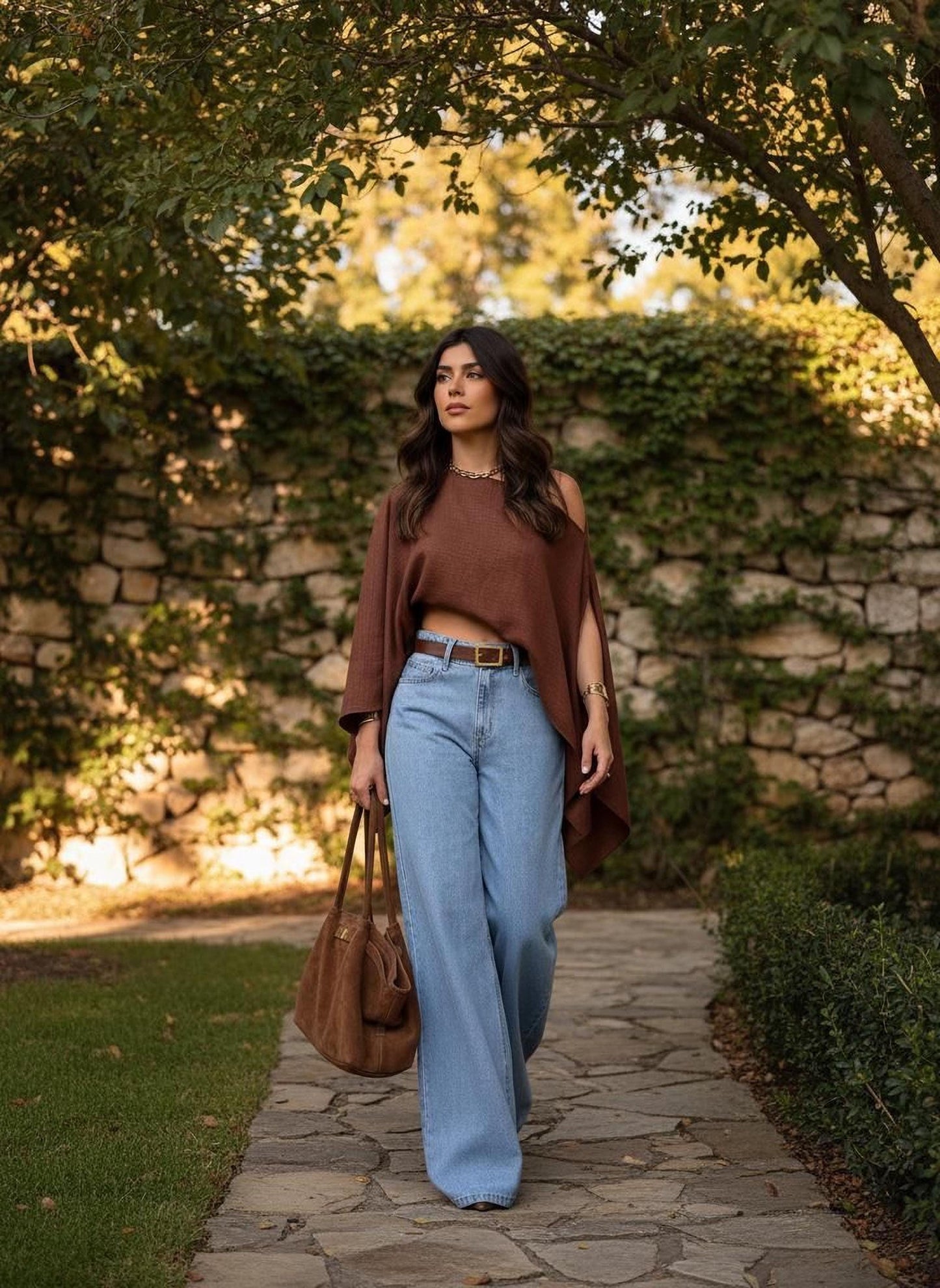 Brown Off Shoulder Crop Top: Loose Fit, Lightweight Summer Blouse