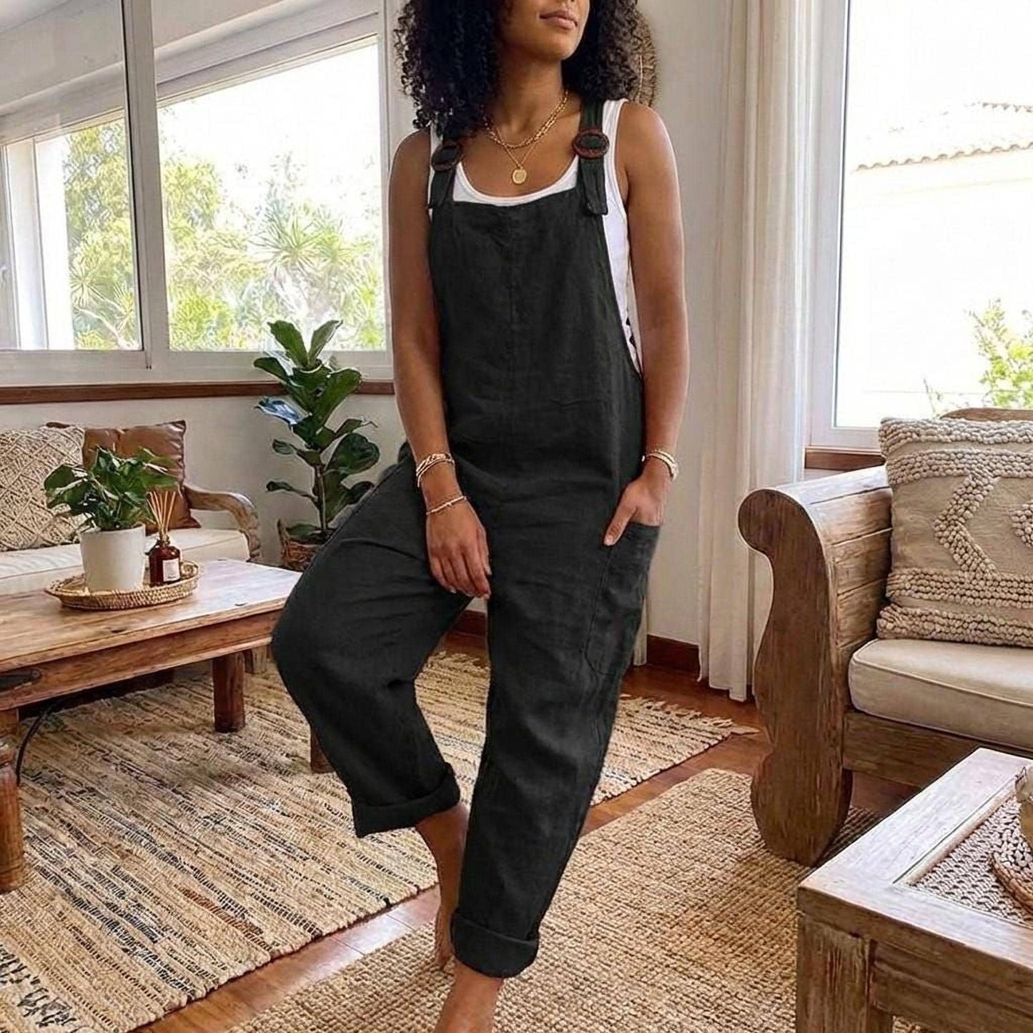 Relaxed Fit Jumpsuit: Sleeveless, Adjustable Straps, Plus Size Friendly