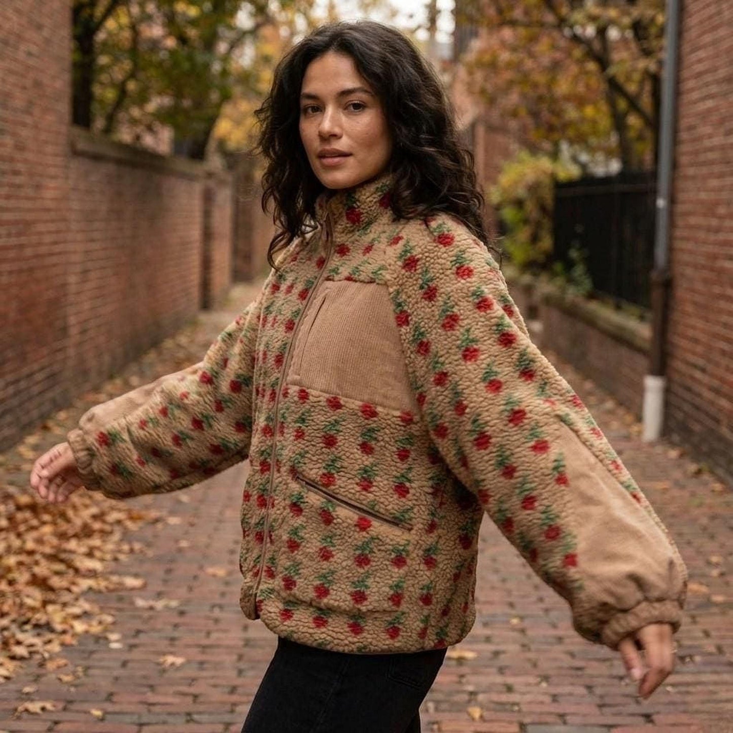 Fleece Jacket for Women: Strawberry Print - Soft Teddy Sherpa