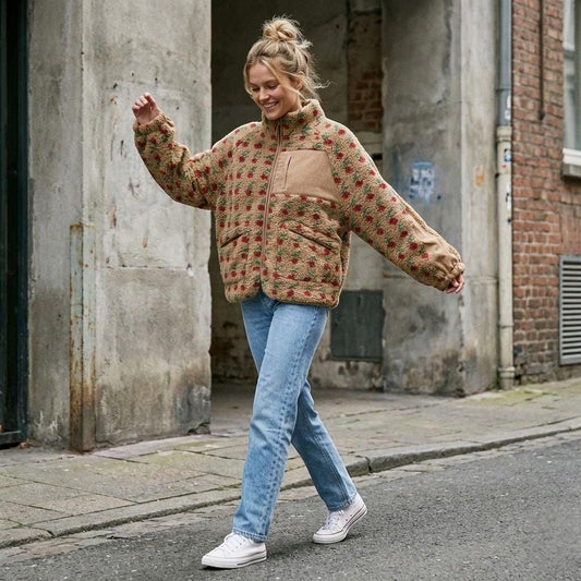 Fleece Jacket for Women: Strawberry Print - Soft Teddy Sherpa