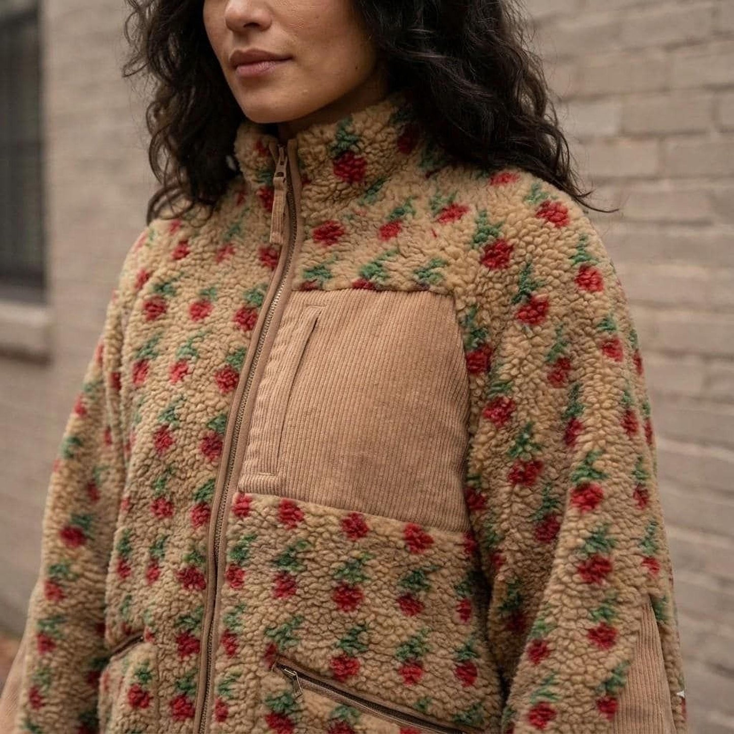Fleece Jacket for Women: Strawberry Print - Soft Teddy Sherpa