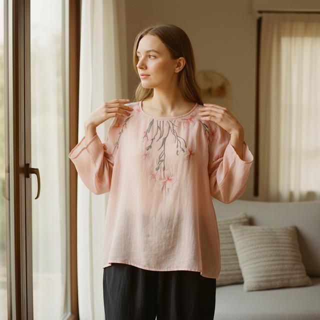 Floral Embroidered Cotton Shirt, Long Sleeve Sun Protection (Plus Sizes M-4XL)