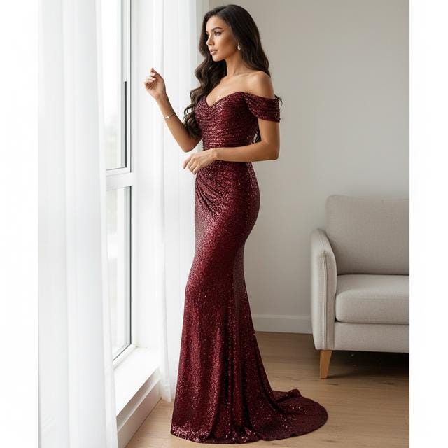 Evening Maxi Dress: Sequin Off-Shoulder - Thigh Split Detail