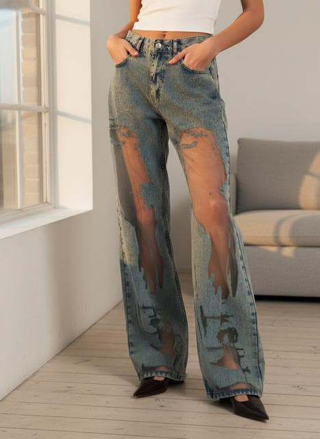 Straight-Leg Vintage Jeans: Hollow Pattern Denim (Women’s Sizes)